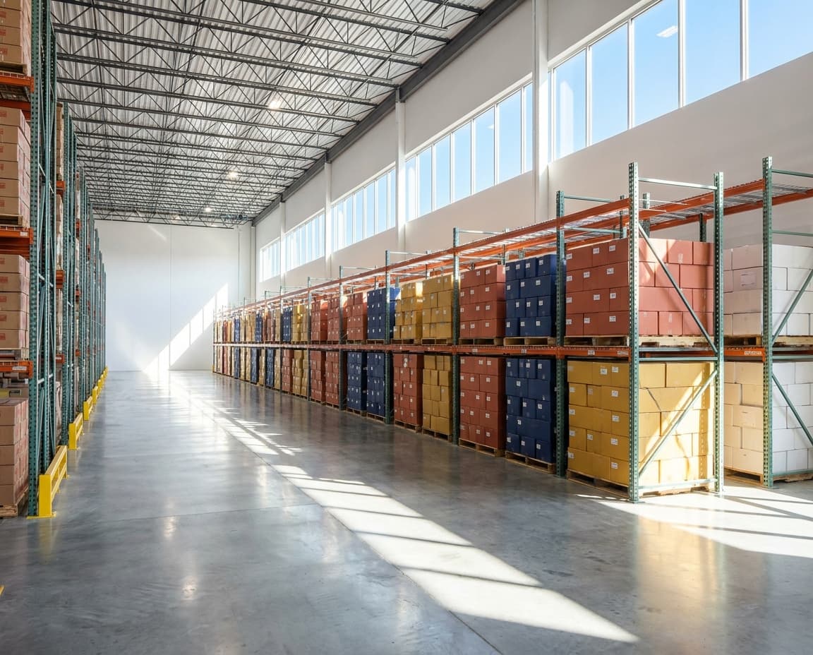 Bright warehouse with palletized imports