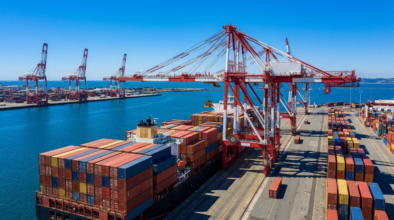 Aerial view of a U.S. port at midday with cranes and stacked containers