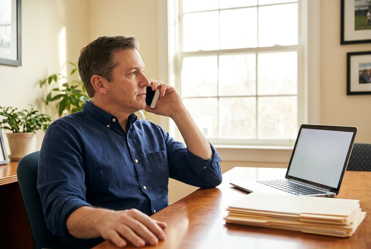 Small-business owner on a phone call at a sunlit wooden desk