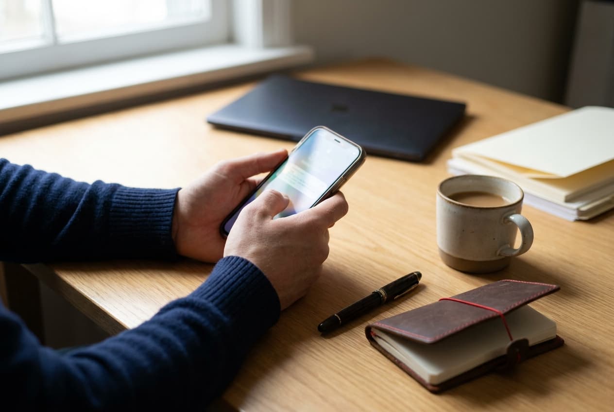 Hands holding a phone showing a banking notification, refund landed